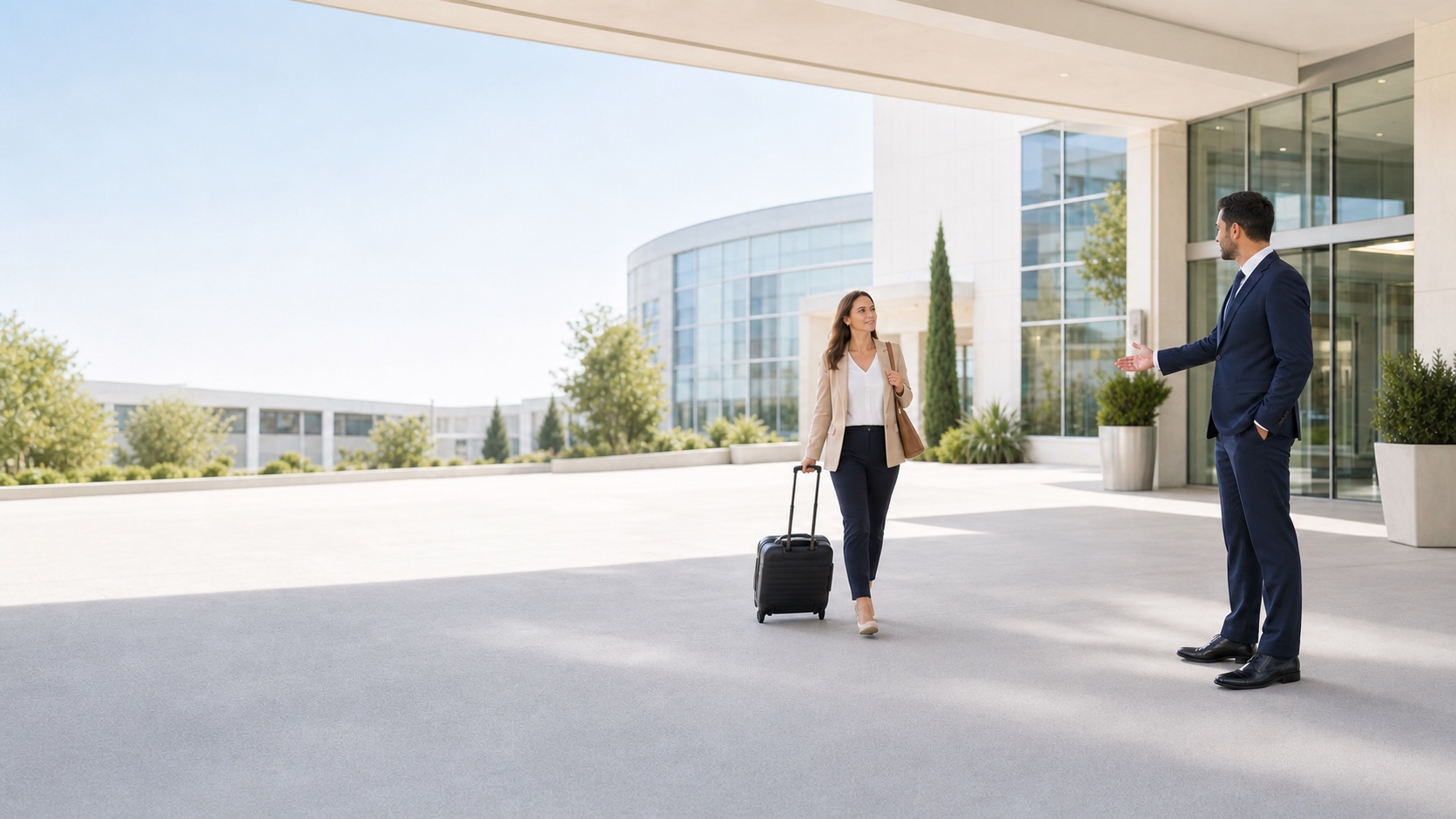 A professional driver welcoming a passenger from a respectful distance outside a modern building